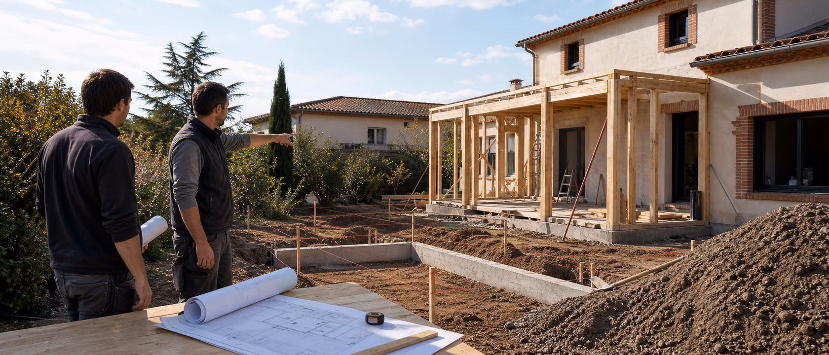 Implantation et plans d'un chantier d'agrandissement de maison