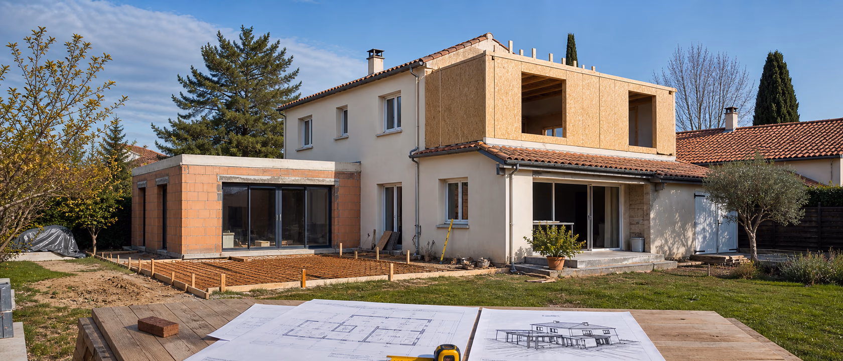 Maison illustrant le choix entre extension de plain-pied et extension à l'étage