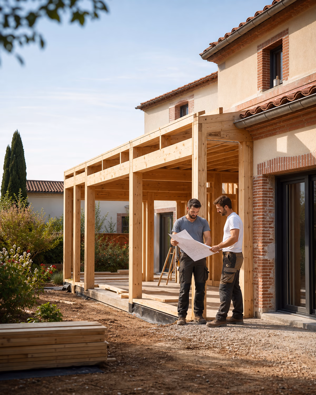 Chantier d'extension ossature bois accolé à une maison près de Toulouse