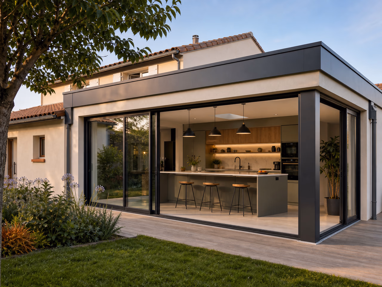 Cuisine ouverte dans une extension à toit plat sur jardin à Colomiers