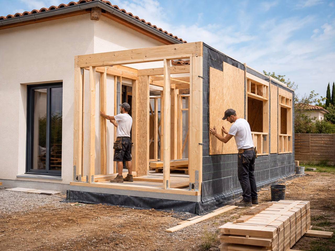 Ossature bois montée sur une maison existante