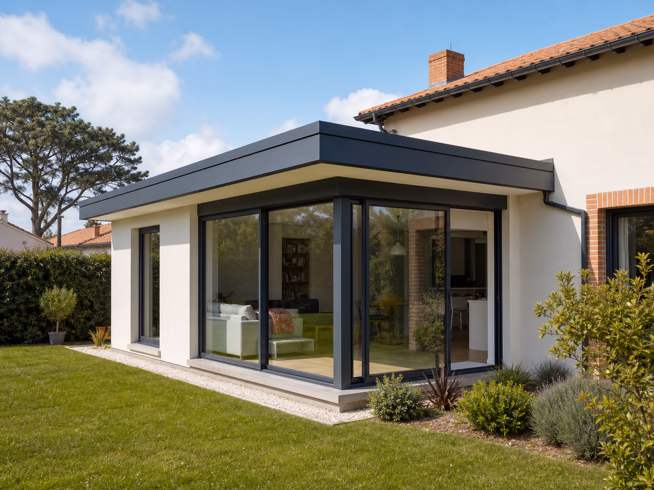 Extension à toit plat avec grandes baies ouvertes sur le jardin à Colomiers